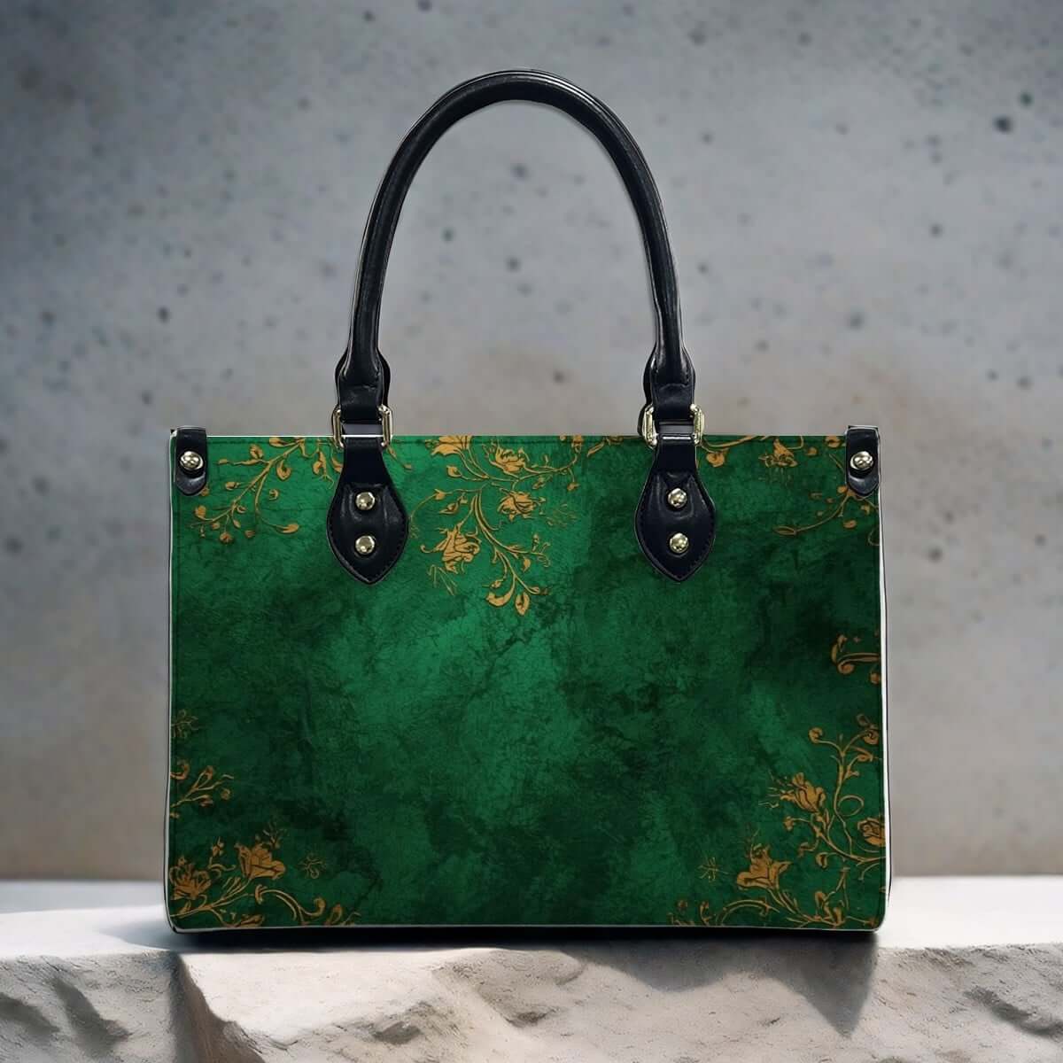 Grüne PU-Tragetasche für Damen, verziert mit goldenen Mustern, schwarze Griffe, UV-Druck, Teil eines Aufbewahrungsbeutel-Sets (2 Stück).