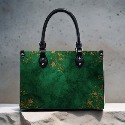 Grüne PU-Tragetasche für Damen, verziert mit goldenen Mustern, schwarze Griffe, UV-Druck, Teil eines Aufbewahrungsbeutel-Sets (2 Stück).