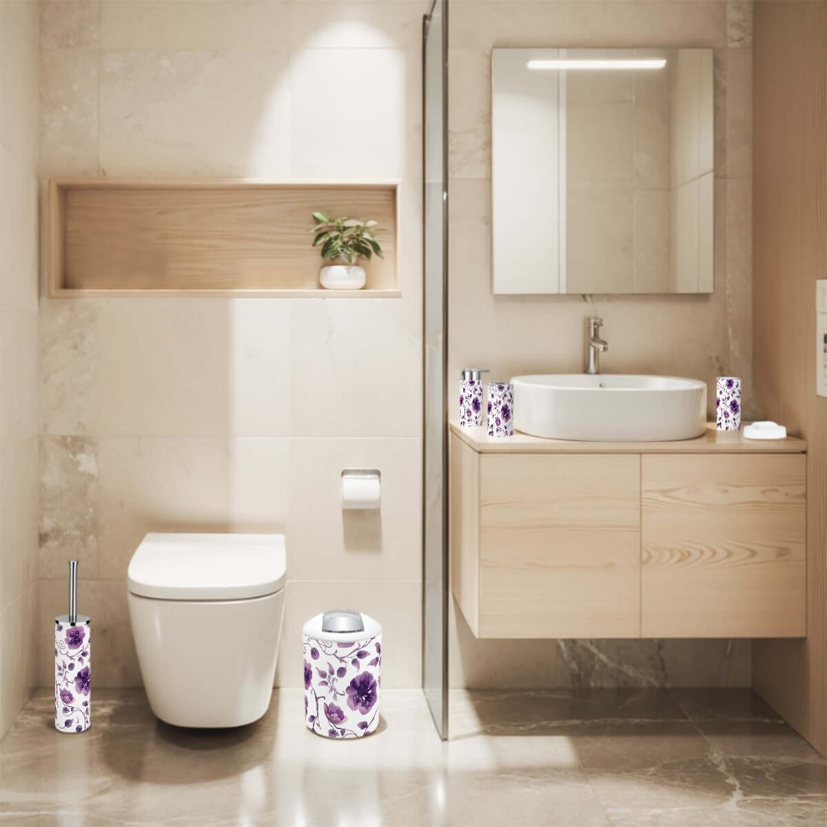 Badezimmer-Accessoires-Set, 5-teilig in elegantem Design, enthält Zahnbürstenbecher und Zahnbürstenhalter, hochwertiger Kunststoff.