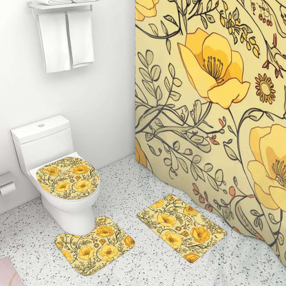 Badezimmerteppich-Set mit Duschvorhang, 4-teilig mit floralem Design, hochwertiges Polyester, inkl. Teppich, Duschvorhang, Toilettenauflage.