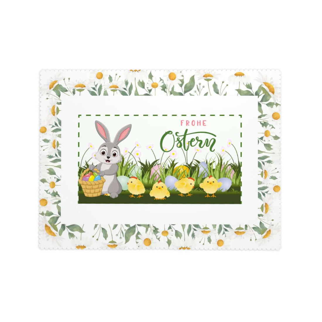 Rechteckige Tischdecke mit Wellenrand Ostermotiv, Frohe Ostern Design mit Blumen, Hase und Küken, 100 % Polyester, Sublimationsdruck, 72"x54"