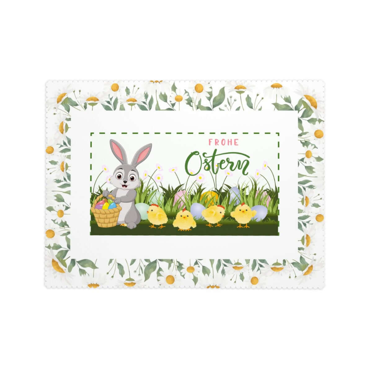 Rechteckige Tischdecke mit Wellenrand Ostermotiv, Frohe Ostern Design mit Blumen, Hase und Küken, 100 % Polyester, Sublimationsdruck, 72"x54"