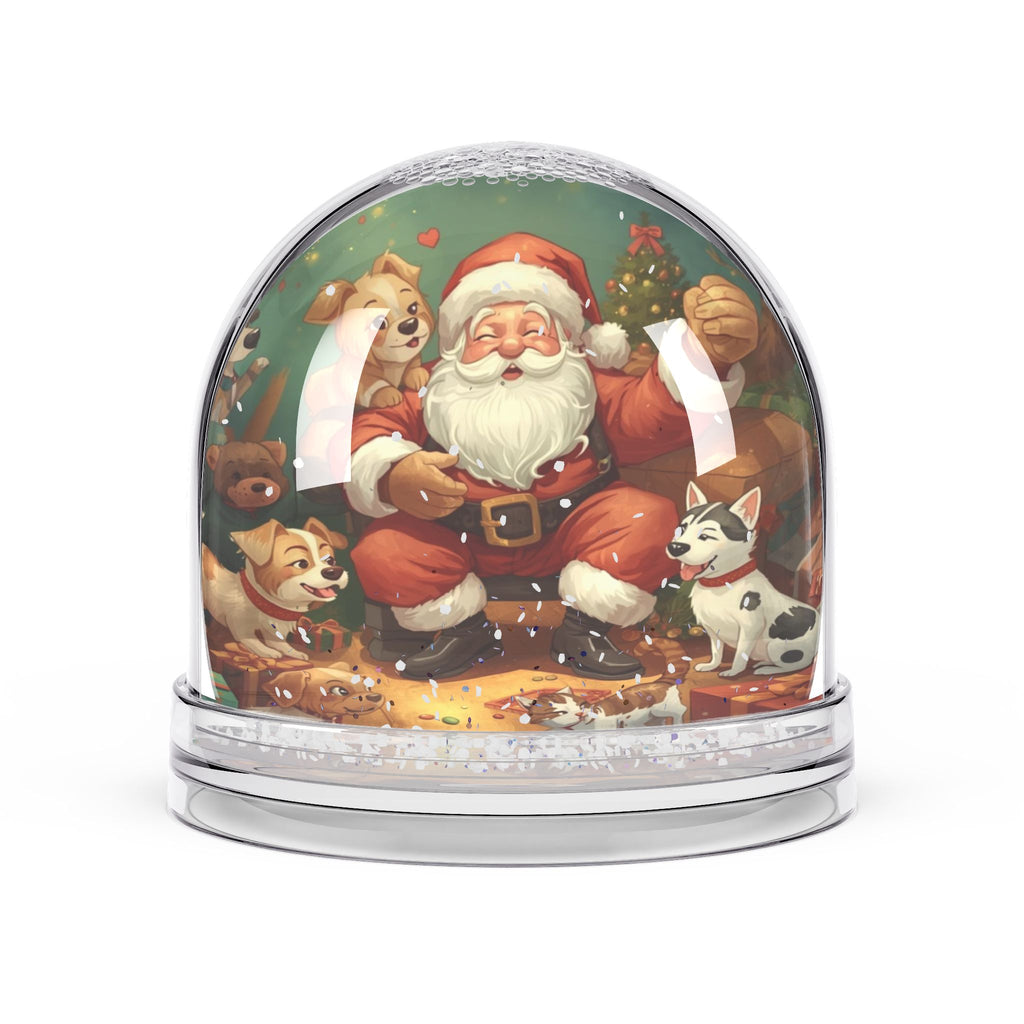 Festliche Schneekugel mit Weihnachtsmann und Haustieren