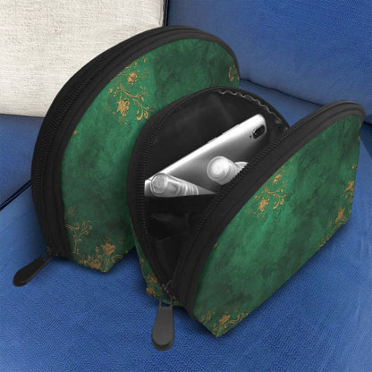 Aufbewahrungsbeutel-Set (2 Stück) aus Polyester mit grünem Druck, große und kleine Größe, offene Reißverschlüsse, auf einem blauen Sofa