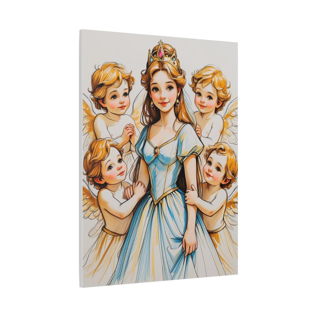 Prinzessin mit ein Seiden mehrfarbiges  blaues Kleid und kleine Engel in Mal Motiv in Großformat als Leinwand seitlich