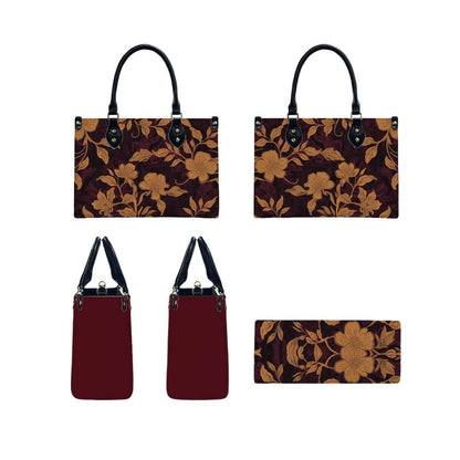 PU Tote Bag for Women with floral pattern, black handles, and UV printed design on sides. Explore Details für PU-Tragetasche für Damen ansehen.