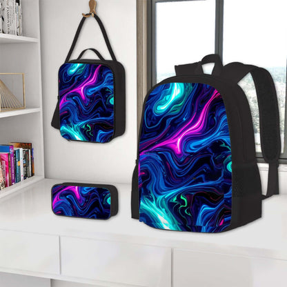 3er-Set Taschen (Oxford-Rucksack, Lunchtasche &amp; Federmäppchen) aus Oxford-Stoff mit abstraktem Design, stilvolles Set für Schule und Arbeit.
