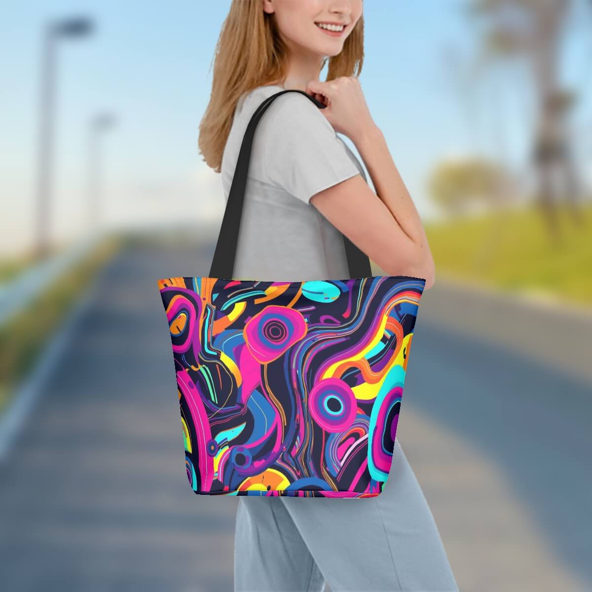 Schultertasche zum Einkaufen für Damen mit buntem Muster, reißfestes Polyester, einseitiger Druck, ideal für den täglichen Gebrauch.