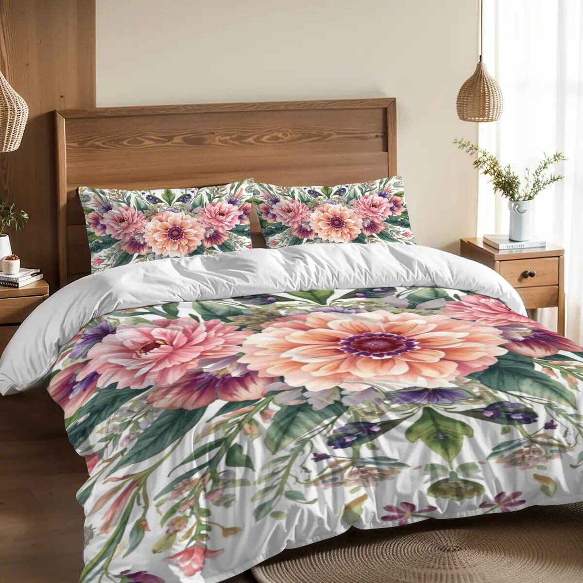 Floral Full Duvet Cover Set in 90GSM Polyester with Pillowcases, displaying vibrant garden-inspired design. Size 80"x90" - 30"x20"-2 pieces