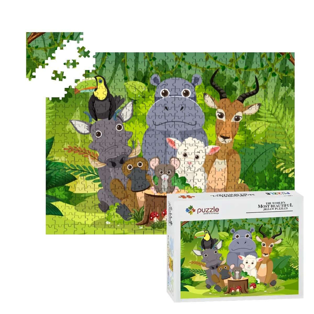 500-teiliges Holzpuzzle (horizontal) mit bunten Tieren im Dschungel, zeigt fast fertiges Puzzle und Verpackung.