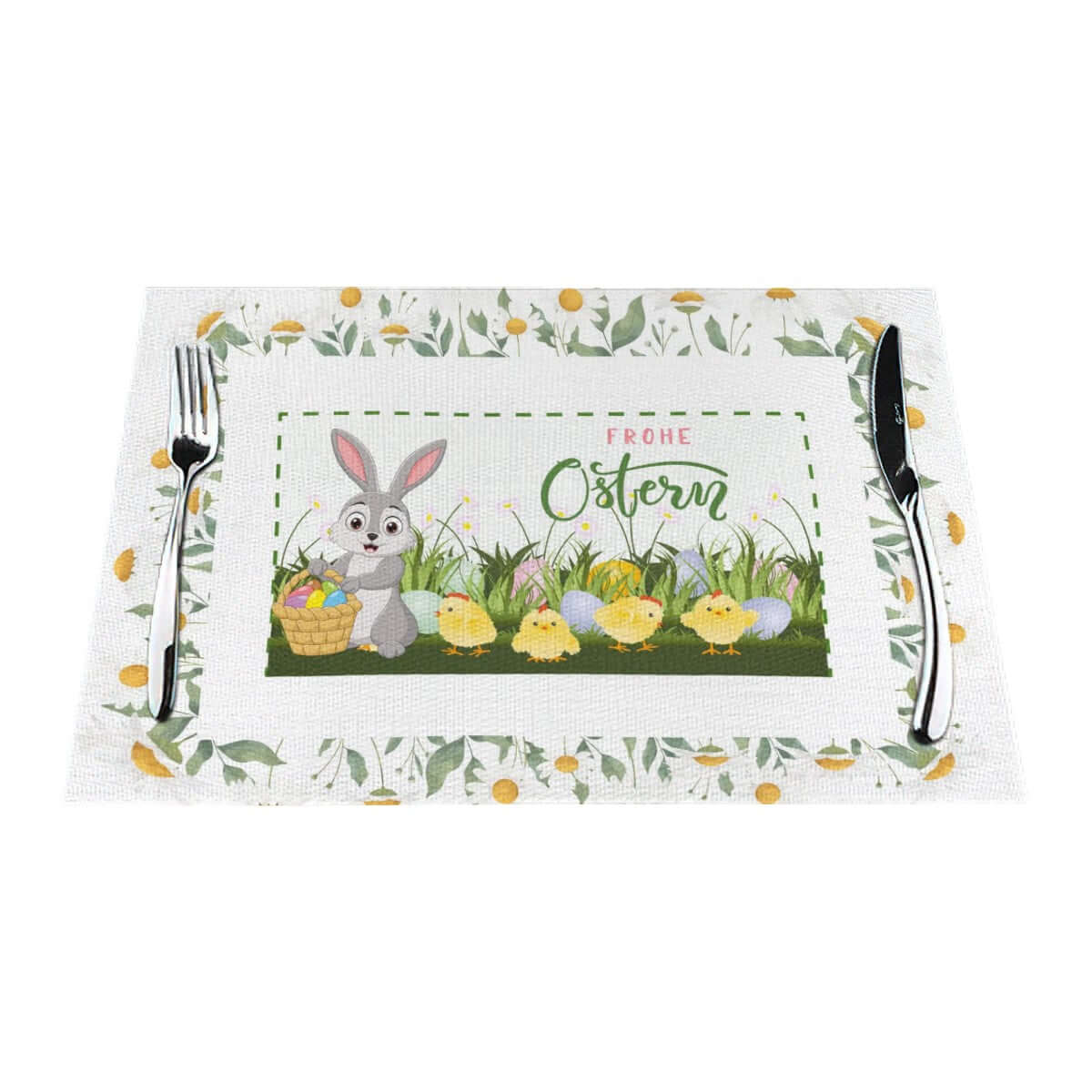 Tischset aus gewebtem PVC mit einem Hasen- und Kükenmuster, Osterthema, hitzebeständig bis 80°C, kratzfest und rutschfest.