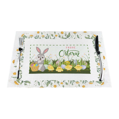 Tischset aus gewebtem PVC mit einem Hasen- und Kükenmuster, Osterthema, hitzebeständig bis 80°C, kratzfest und rutschfest.