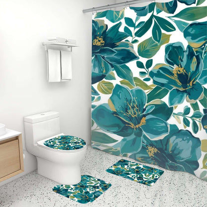 Badezimmerteppich-Set mit Duschvorhang, 4-teilig aus Polyester, floralem Design, inkl. Toilettensitzabdeckung und Teppichen im Badezimmer.