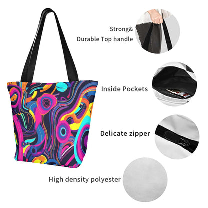 Bunte Schultertasche für Damen mit sublimiertem Druck, reißfestem Polyester, Innentaschen und stabilem Griff.