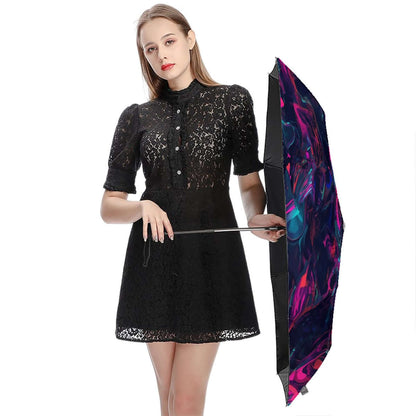 Stylish woman holding UV-Schutz-Regenschirm with vinyl coating and black glue interior for UV protection, showing details.