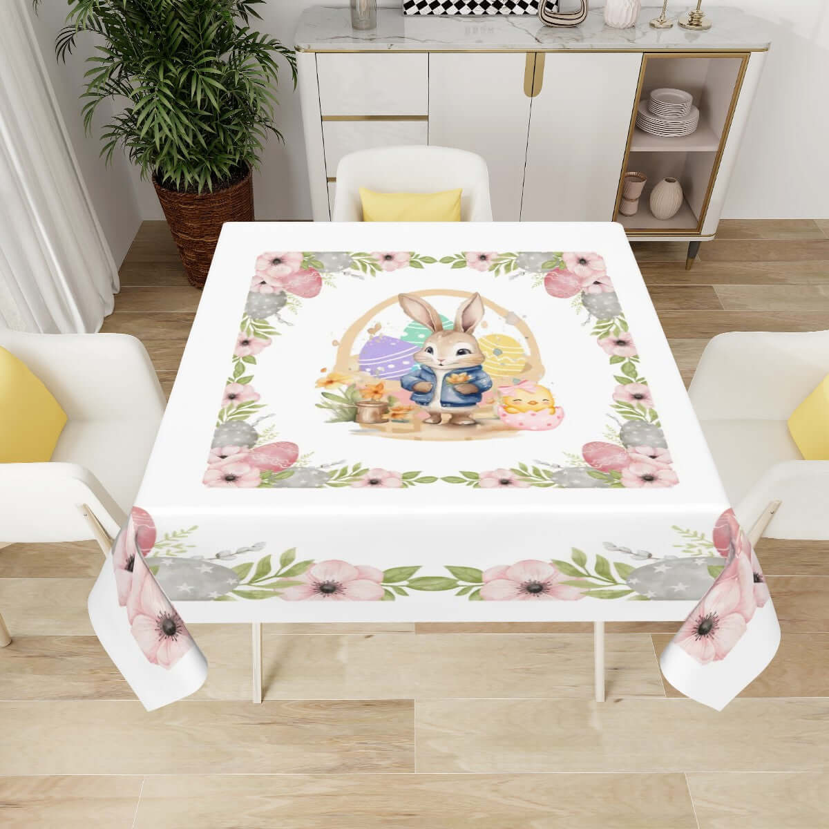 Quadratische Tischdecke Ostermotiv aus Polyester, 54x54 Zoll, mit Osterhasen-Design, wasserabweisend, ideal zum Schutz und Dekorieren.