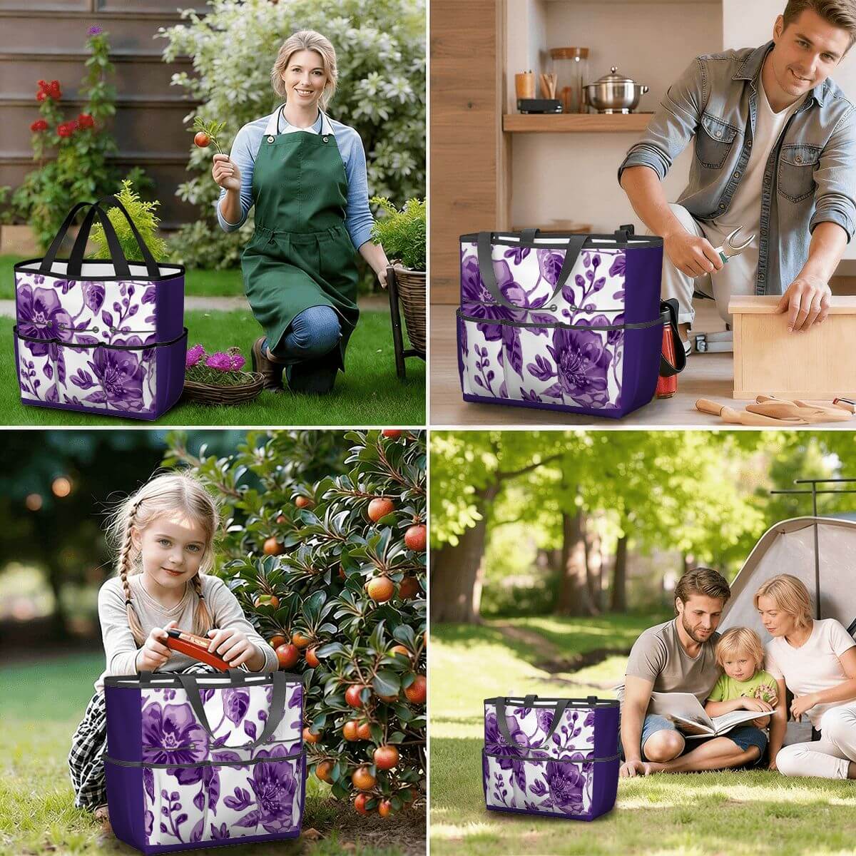 Gartengerätetasche made from durable, waterproof Oxford-Stoff, showcasing versatile use in garden and outdoor settings.