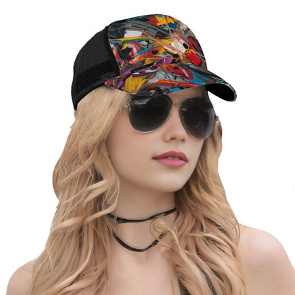 Stylish woman wearing a colorful Baseballkappe mit Mesh-Einsatz and sunglasses, showcasing the breathable mesh and vibrant design.