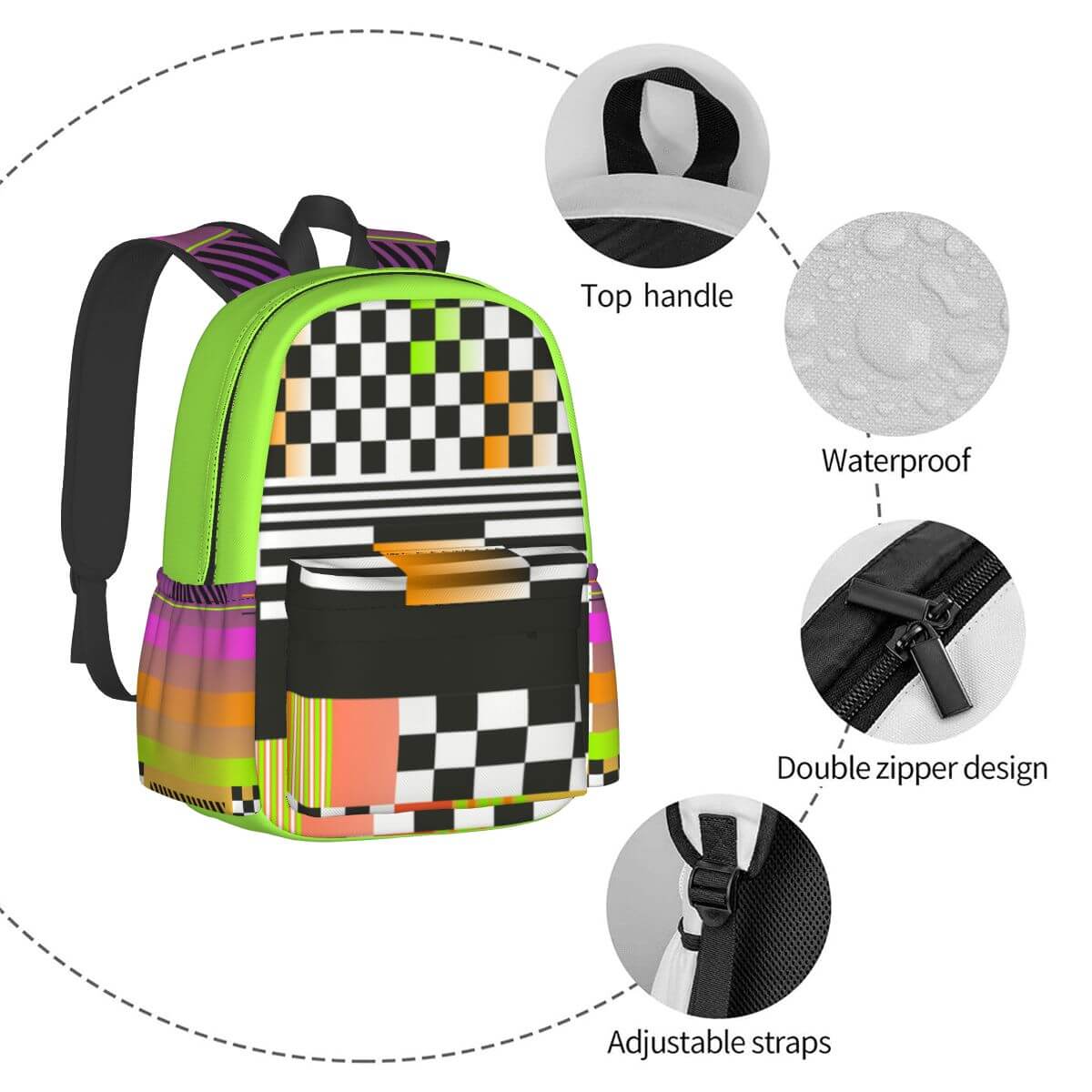 Geräumiger Oxford-Rucksack mit Seitentaschen, bunter Sublimationsdruck, doppelter Reißverschluss, verstellbare Träger, wasserdicht.