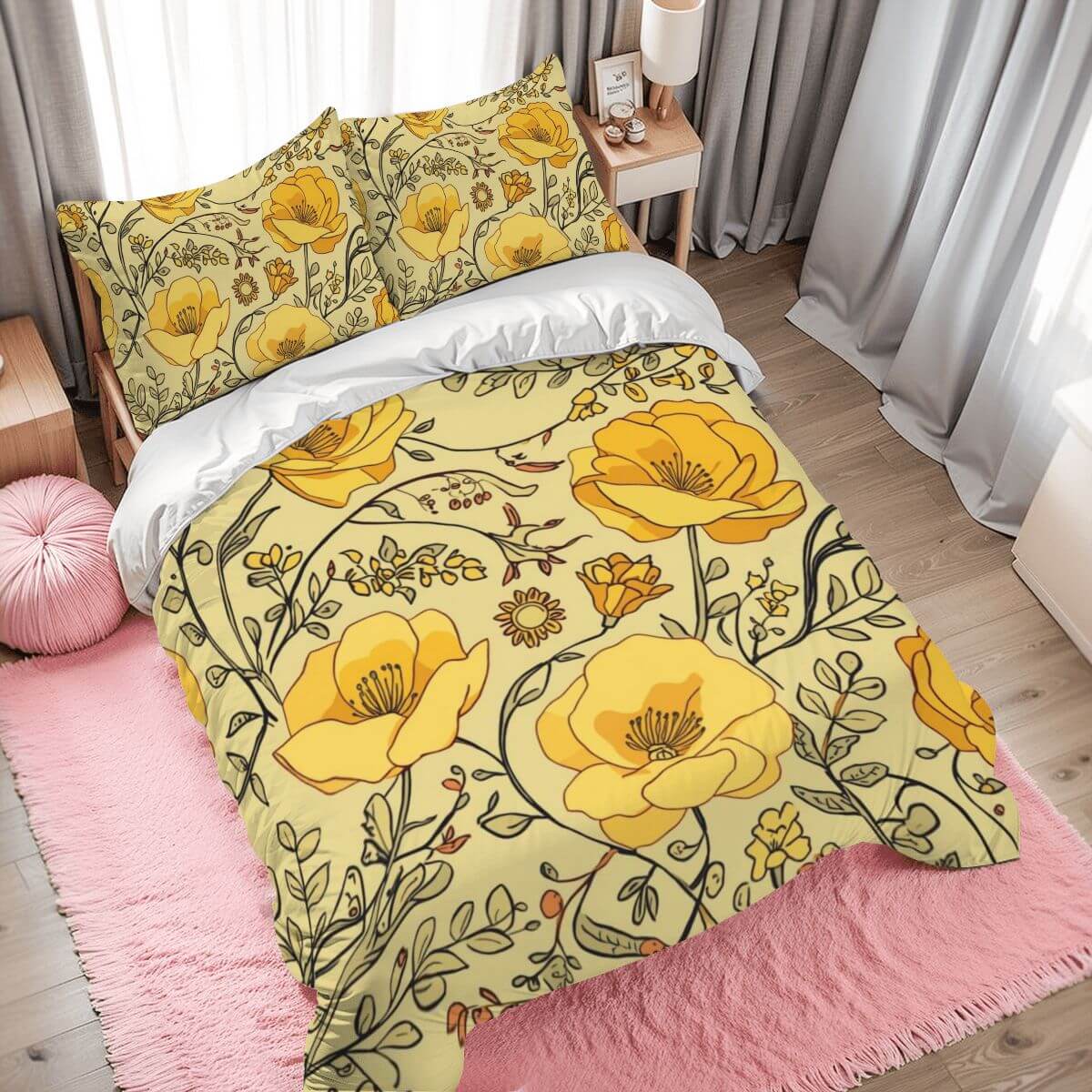 Komplettes Bettwäscheset mit gelbem Blumendruck, aus atmungsaktivem Polyester-Stoff, Bettbezug 80"x90" und Kissenbezüge 30"x20".