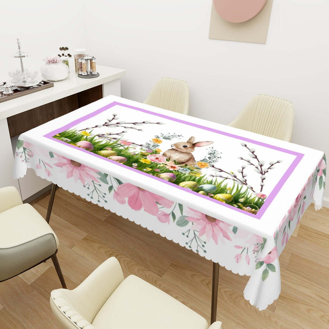 Rechteckige Tischdecke mit Wellenrand Ostermotiv auf Tisch, 100% Polyester, 72x54 Zoll, einseitiger Druck, sublimiert, ostern thematisch