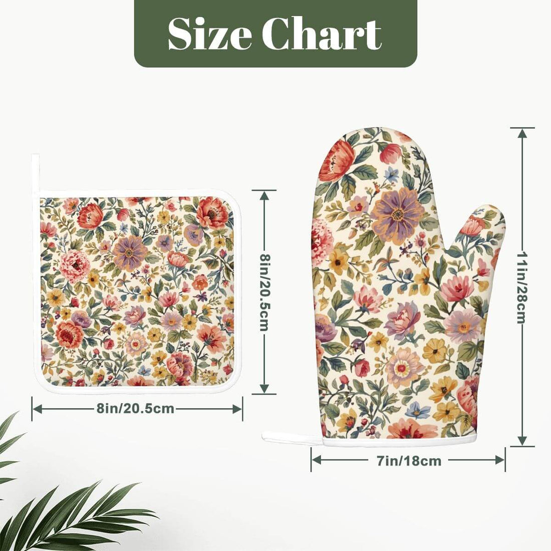 Silikon-Ofenhandschuhe und Topflappen-Sets (links) mit Blumendesign, 11"x7" Handschuh und 8"x8" Topflappen, Größe und Details