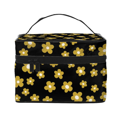 Portable Travel Makeup Bag with floral design, large capacity, black and yellow flowers, Clutch-Geldbörse für Damen, elegant zipper texture.