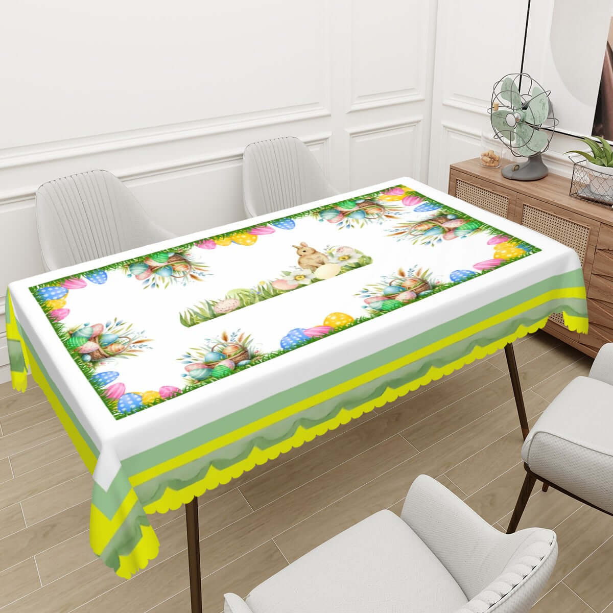 Rechteckige Tischdecke mit Wellenrand Ostermotiv auf einem Esstisch, 72"x54", einseitiger Sublimationsdruck, wasserdichtes Polyester.