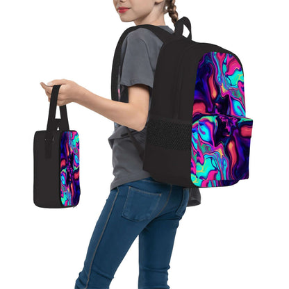 3er-Set Taschen (Oxford-Rucksack, Lunchtasche &amp; Federmäppchen) in lebendigem Design auf einem Model