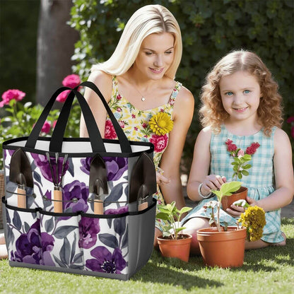 Gartengerätetasche (Werkzeuge nicht enthalten) aus Oxford-Stoff, ideal für Gartenarbeit, mit floralem Design bei Mutter-Tochter im Garten.