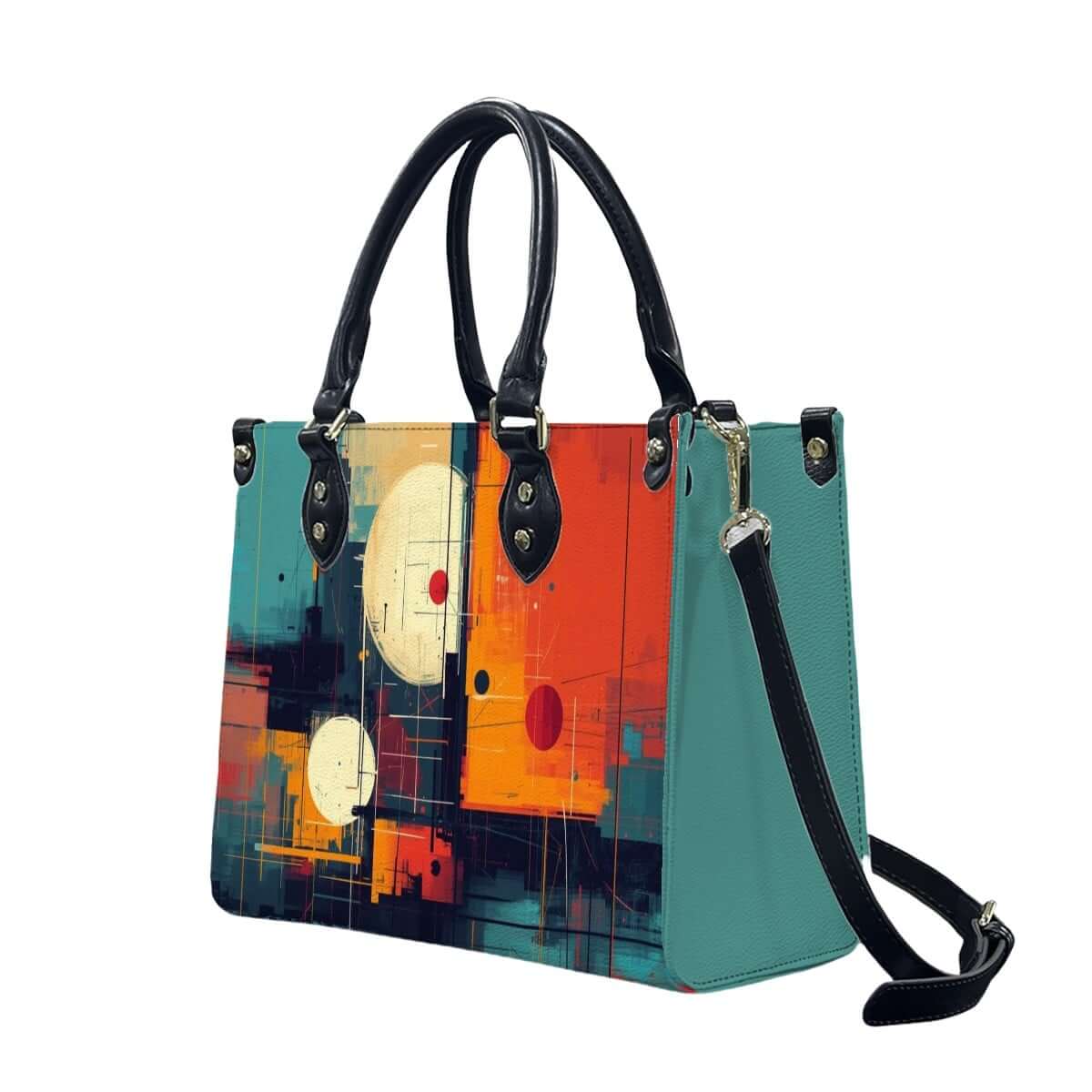 PU Tote Bag for Women with abstract pattern, black handles and zipper, made from high-quality PU material. Details für PU-Tragetasche für Damen ansehen.