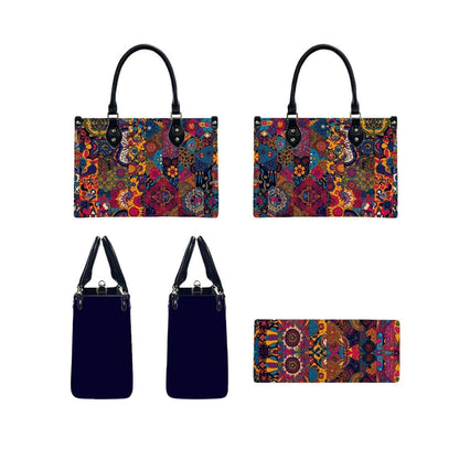 Colorful PU Tote Bag for Women with black handles viewed from different angles, features vibrant patterns and UV printing. Details für PU-Tragetasche für Damen ansehen.