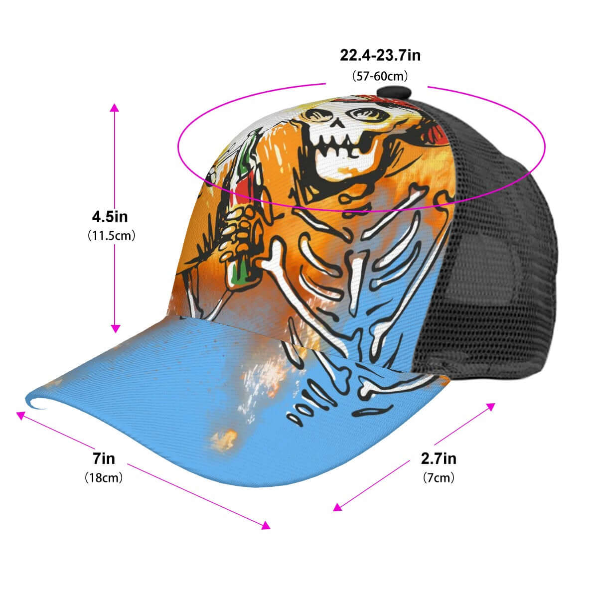 Baseballkappe mit Mesh-Einsatz in buntem Skelettdesign, Größenangaben und Details.