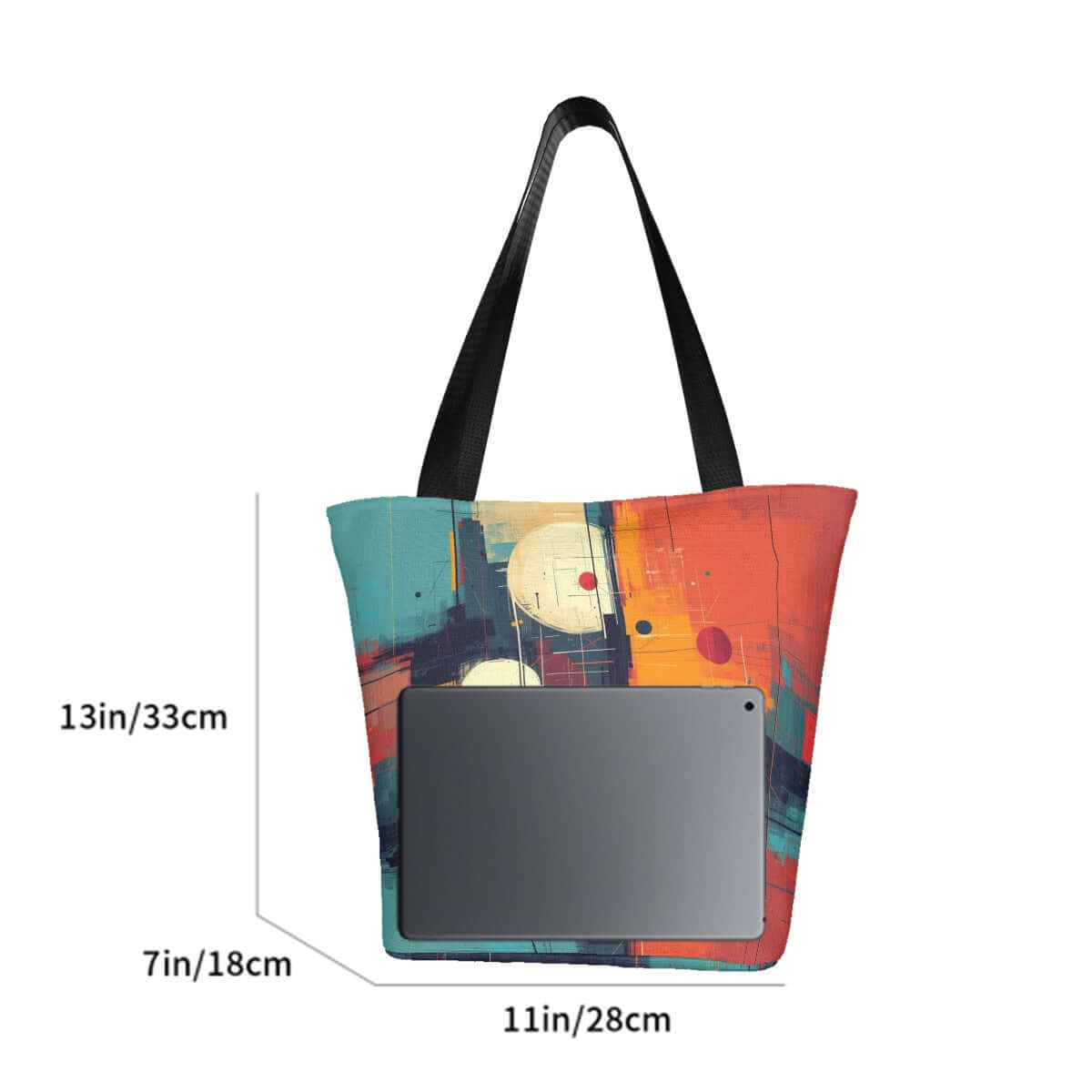 Schultertasche zum Einkaufen für Damen aus Polyester, Größe 11"x7"x13", bunte Tasche mit schwarzem Griff.