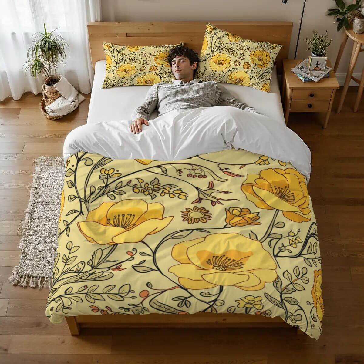 Komplettes Bettwäscheset mit gelbem Blumendesign auf Bettdecke und Kissenbezügen aus 90GSM Polyester, langlebig und atmungsaktiv.