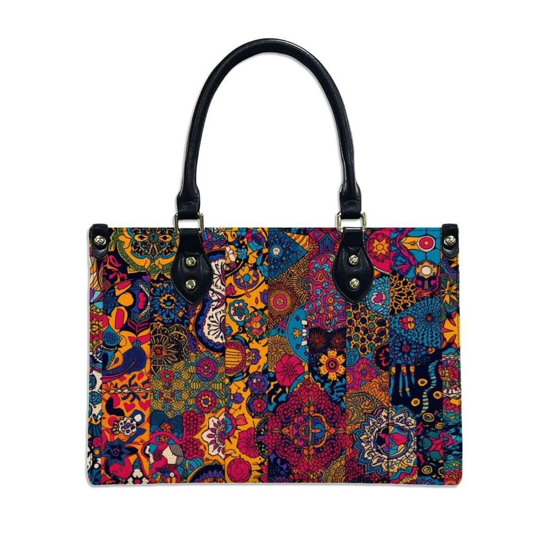 Colorful patterned PU Tote Bag for Women with black handles, showcasing vibrant design and UV printing. Details für PU-Tragetasche für Damen ansehen.