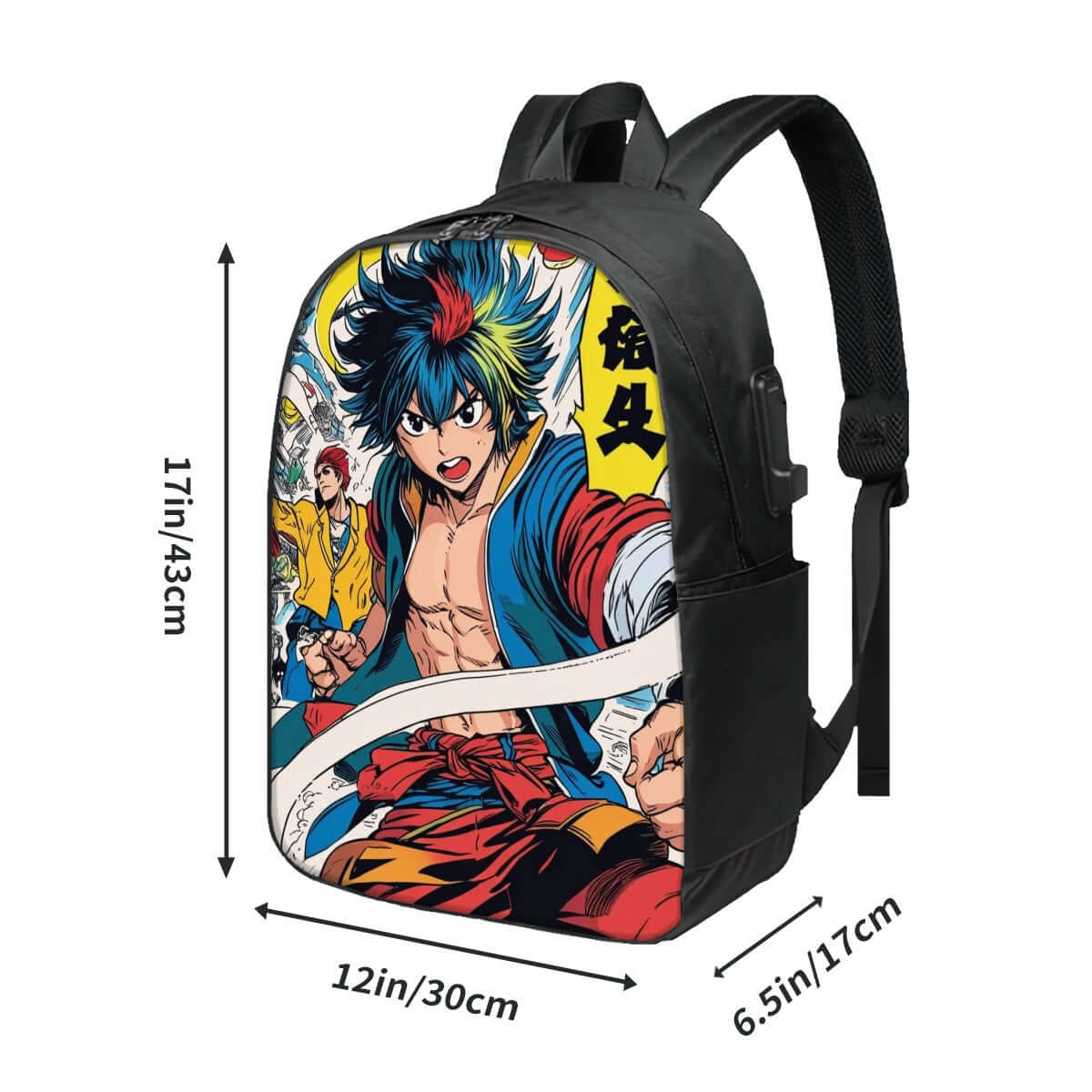 Anime-themed backpack with vibrant character print, measuring 17in x 12in x 6.5in. Ideal for stylish travel or daily use.