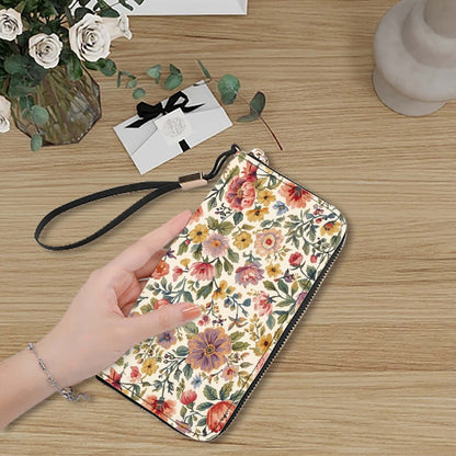 Florale Clutch-Geldbörse für Damen aus PU-Material mit Blumendesign auf Holztisch