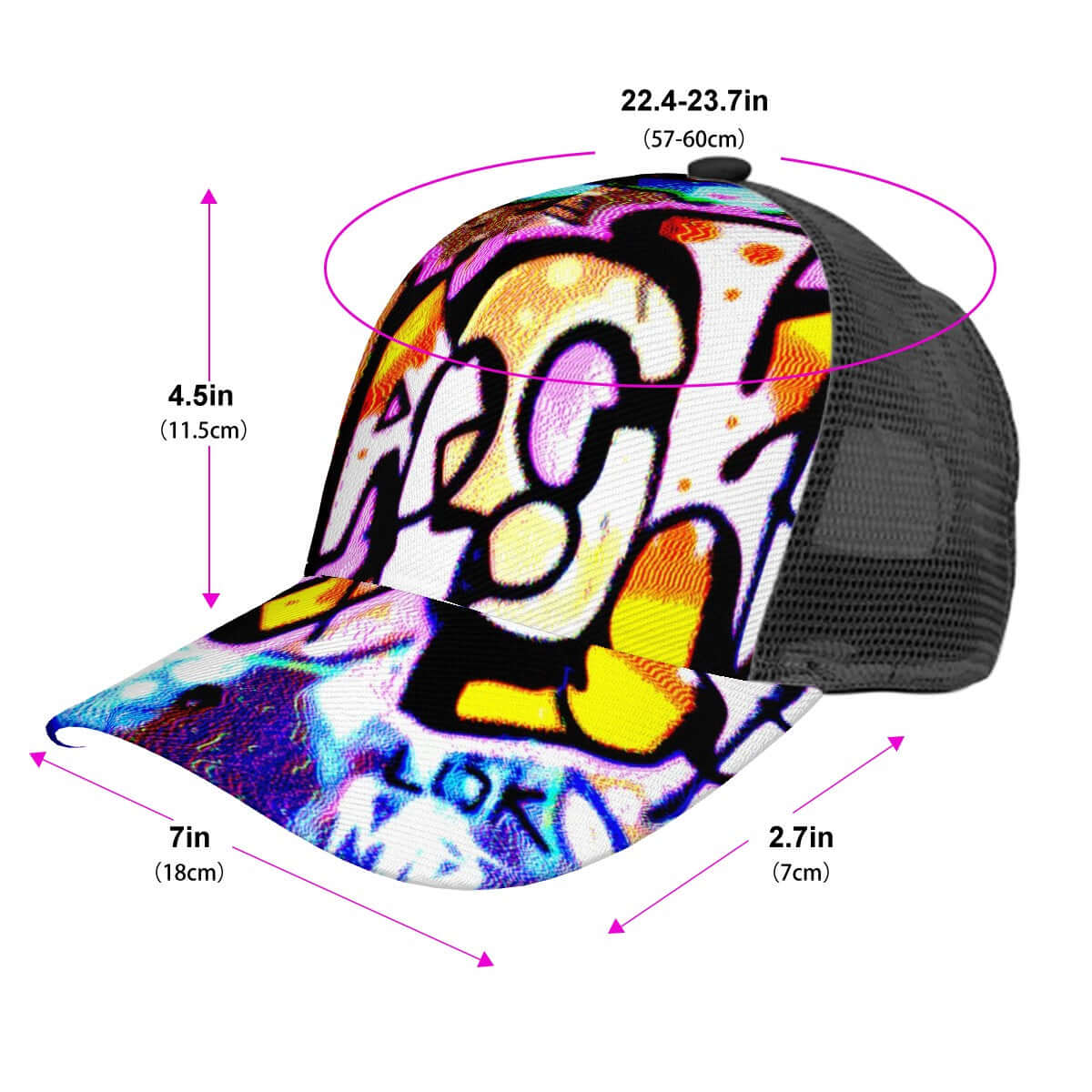 Baseballkappe mit Mesh-Einsatz aus Polyester-Twill mit Gitterstoff, bunt bedruckt im Sublimationsverfahren, atmungsaktiv und bequem.