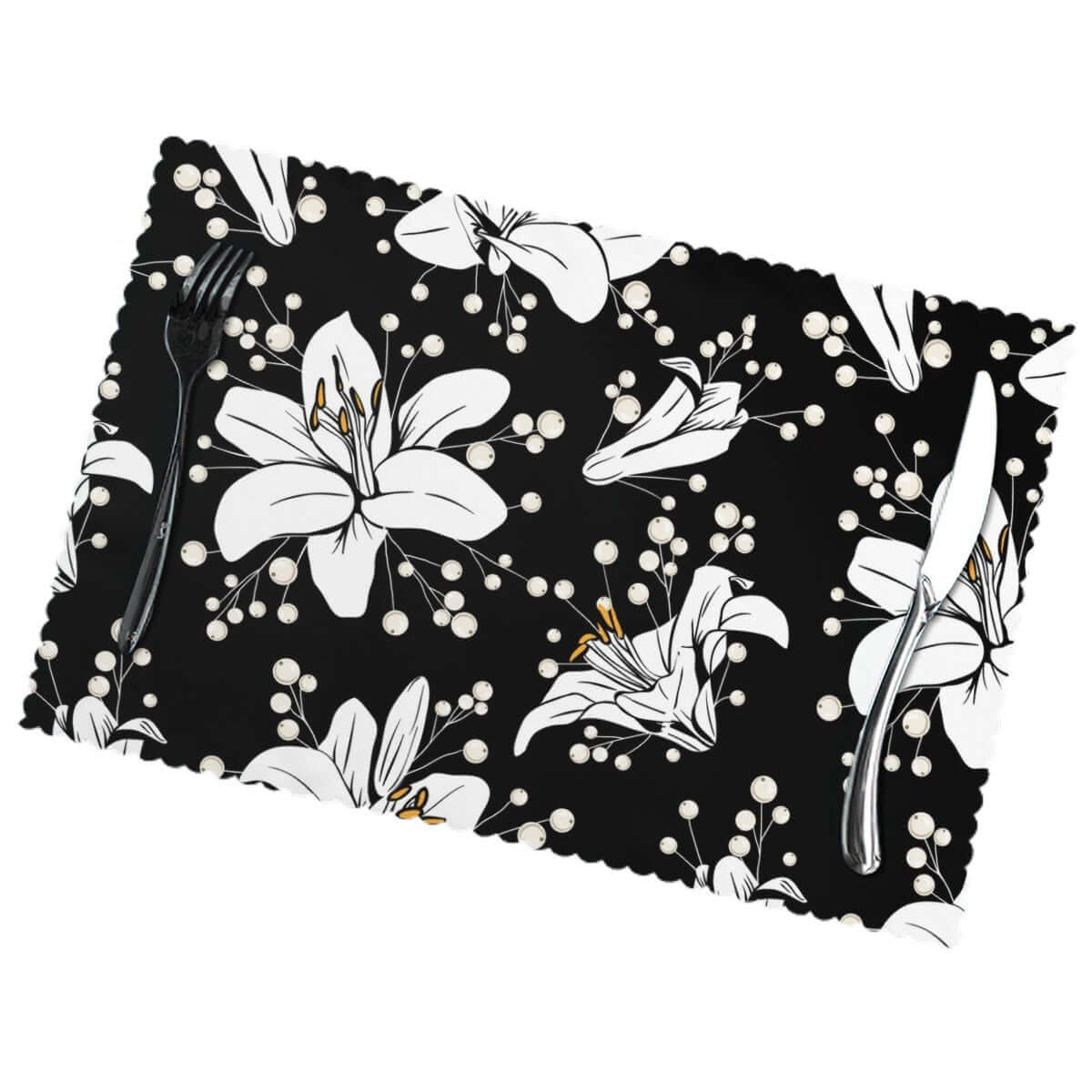 Hitzebeständige Tischsets, 6 Stück mit floralem Design auf schwarzem Hintergrund, hitzebeständig und verschleißfest, 18"x12" Größe