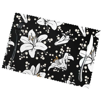 Hitzebeständige Tischsets, 6 Stück mit floralem Design auf schwarzem Hintergrund, hitzebeständig und verschleißfest, 18"x12" Größe