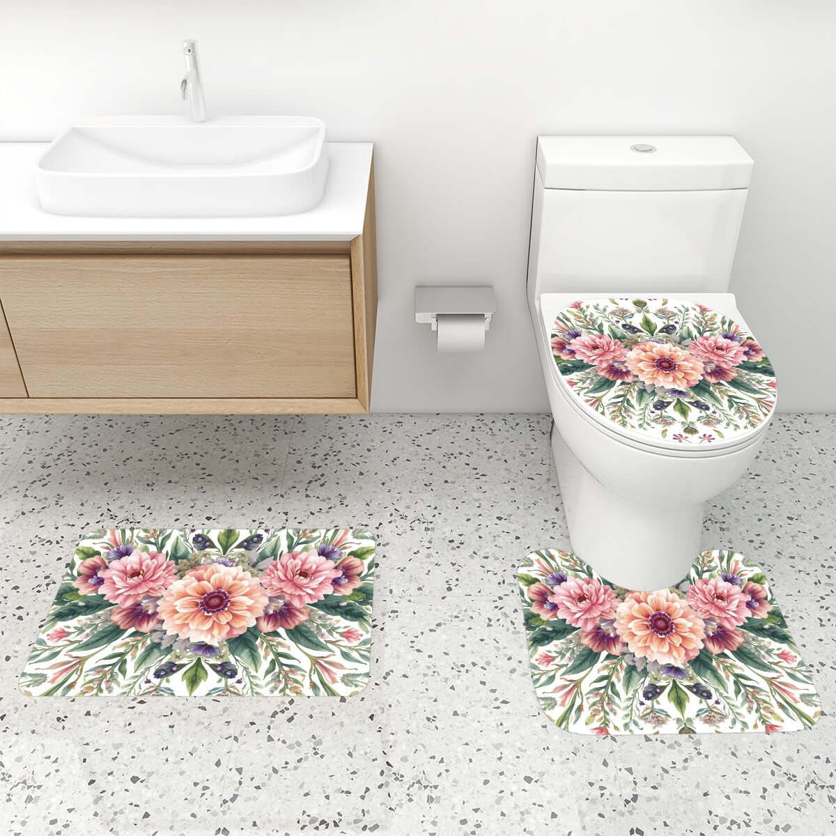 Badezimmerteppich-Set mit Duschvorhang, 4-teilig in floralem Design neben Toilettensitzabdeckung und Badteppich aus Polyester