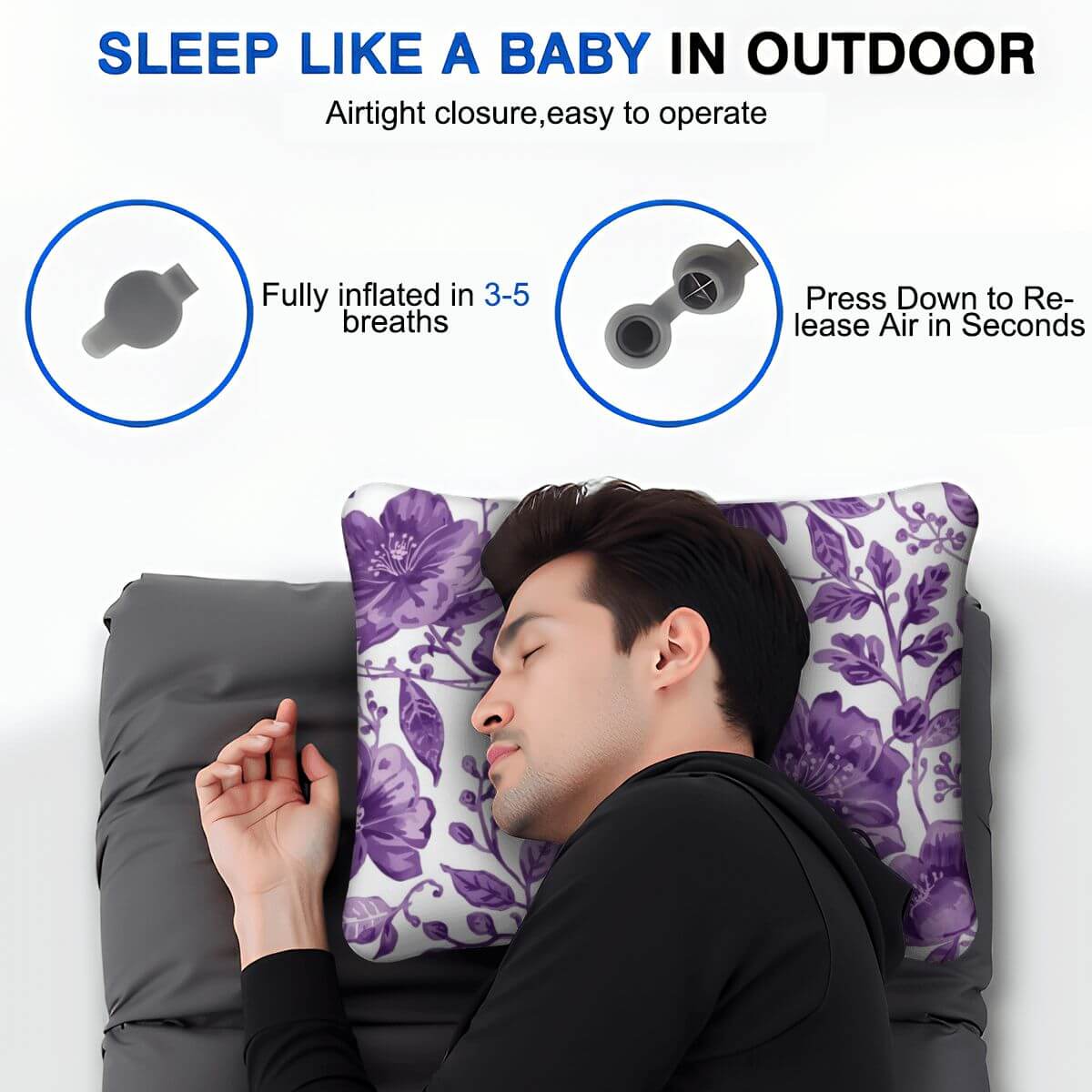 Aufblasbares Campingkissen - Leicht, kompakt, hautfreundlich, ideal zum Schlafen im Freien. Voll aufblasbar in 3-5 Atemzügen.