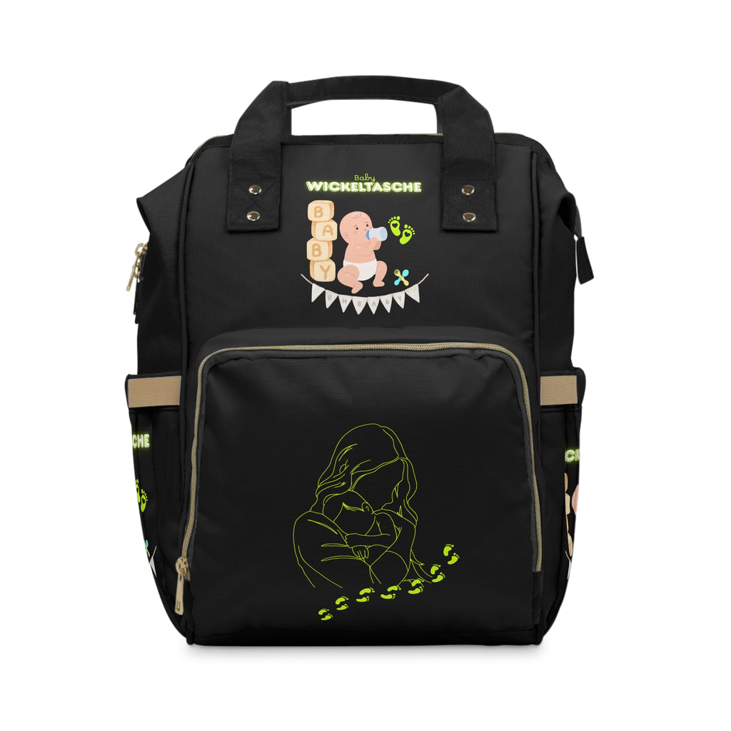 Stylischer multifunktionaler Wickelrucksack für moderne Eltern schwarz mit ein Baby Design und Mama