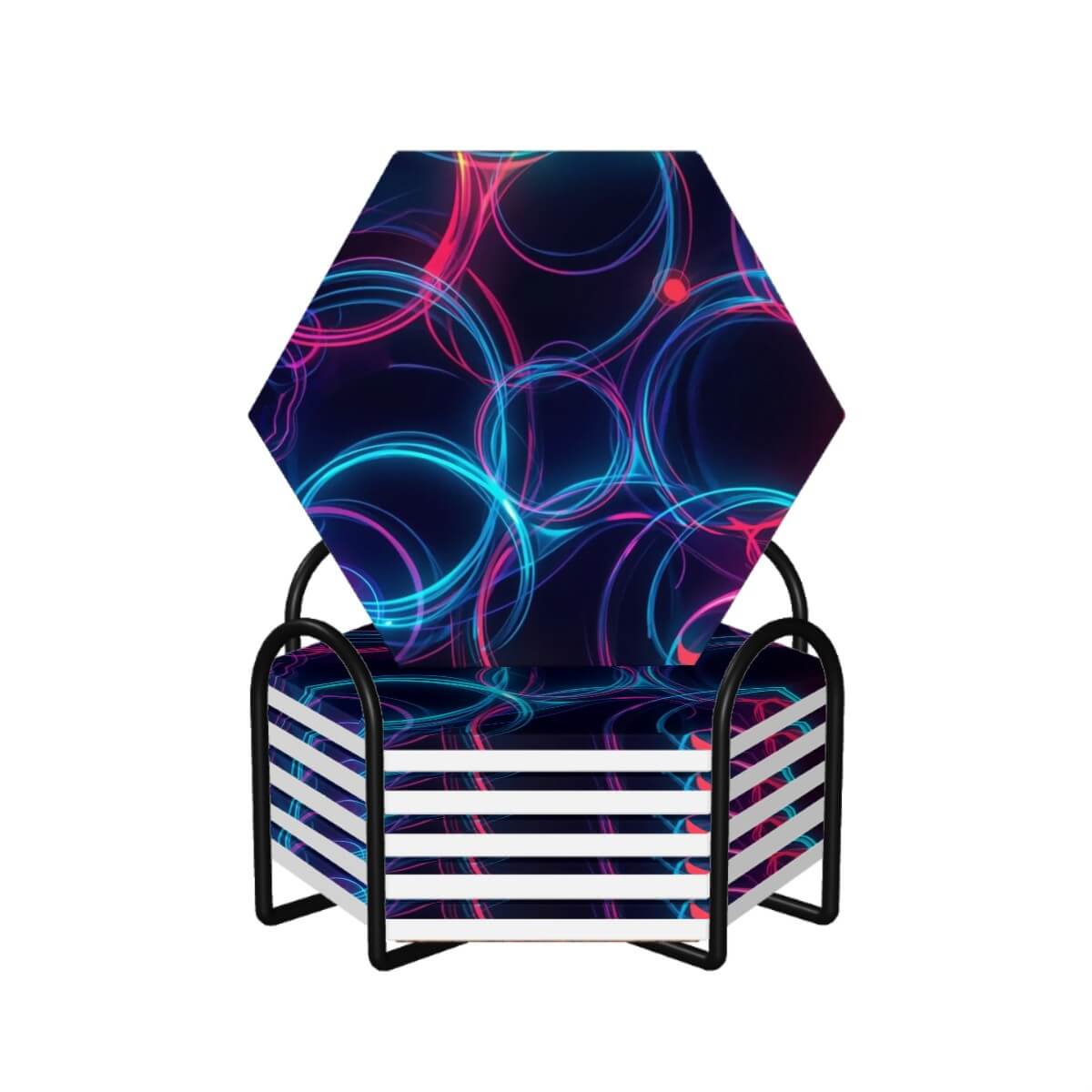 Video Sechseckige Keramikuntersetzer, 6er-Set mit UV-Druck, 4,3x3,7 Zoll Größe, geometrisches Design auf Keramik, moderne Tischuntersetzer.