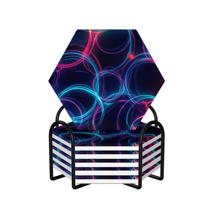 Video Sechseckige Keramikuntersetzer, 6er-Set mit UV-Druck, 4,3x3,7 Zoll Größe, geometrisches Design auf Keramik, moderne Tischuntersetzer.