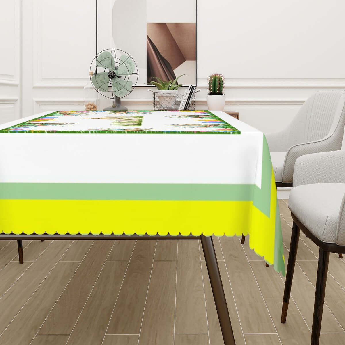 Rechteckige Tischdecke mit Wellenrand Ostermotiv auf einem Esstisch in modernem Raum, 72"x54" 100 % Polyester, wasserdicht