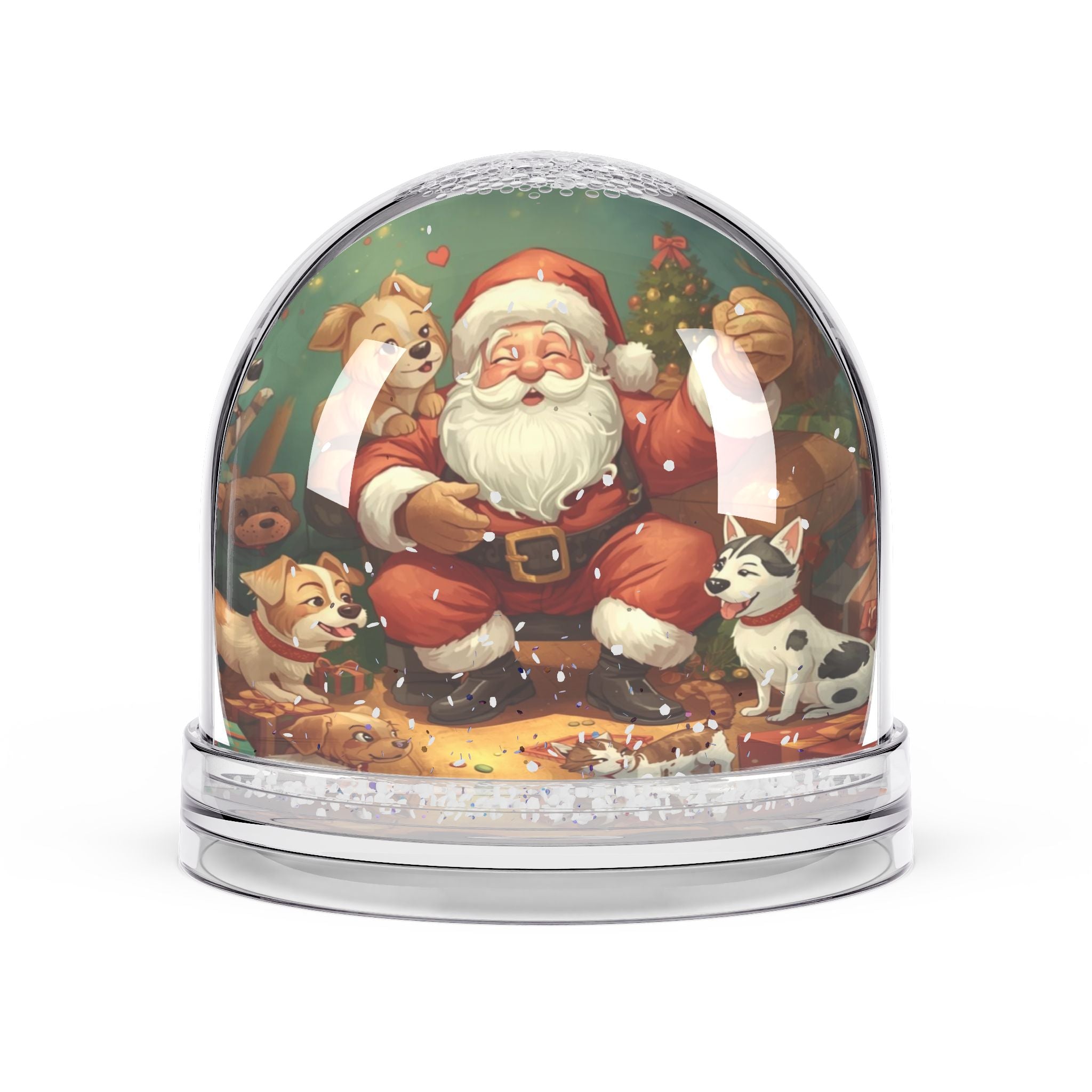 Festliche Schneekugel mit Weihnachtsmann und Haustieren