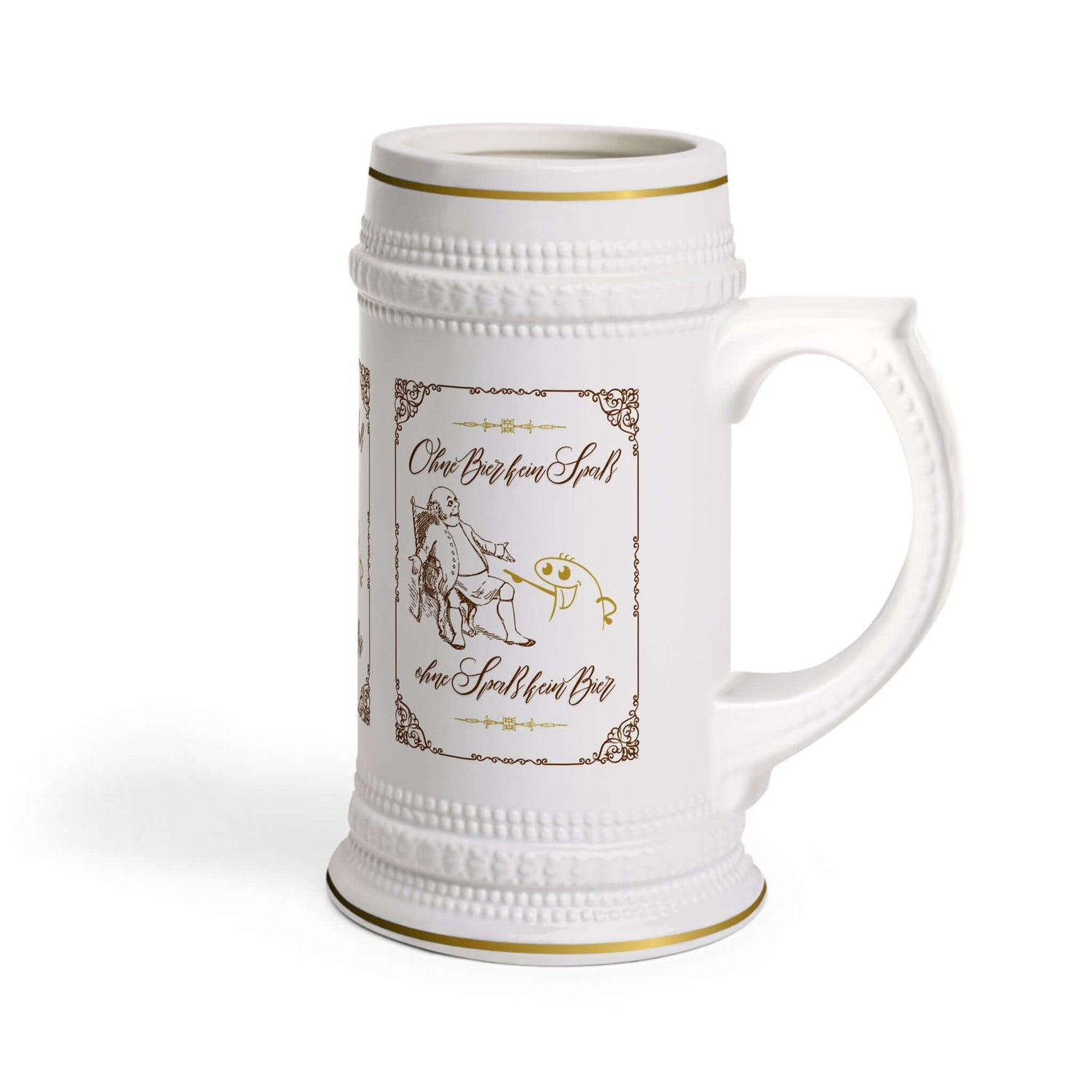 Bierkrug – Vintage mit coolem Spruch Ein Bierkrug ist nicht nur ein Gefäß, sondern ein Statement. Unser Vintage-Design bringt den Charme vergangener Zeiten zurück – kombiniert mit einem Spruch, der für Gesprächsstoff sorgt:  „Hopfen, Malz &amp; gute Laune!“  