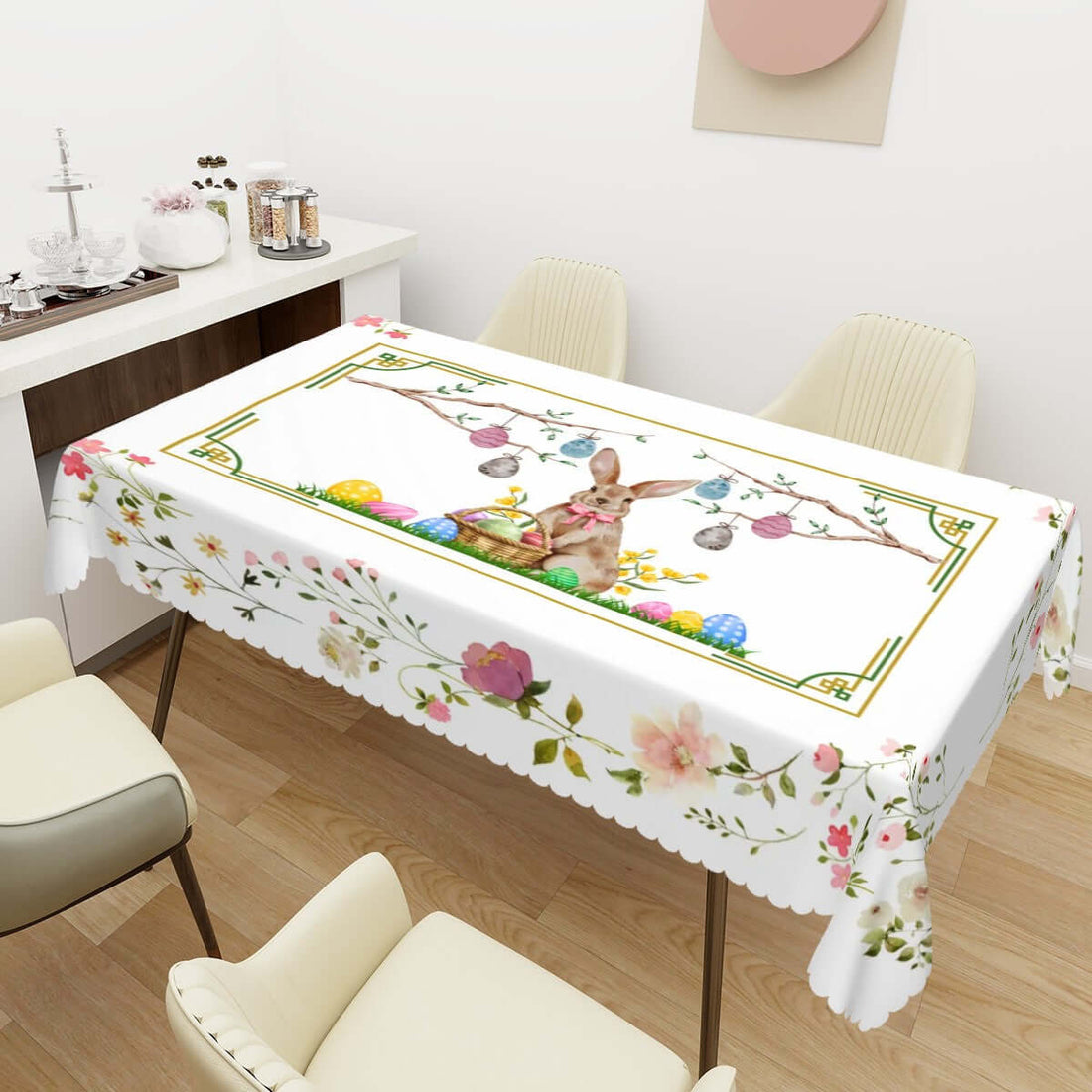 Rechteckige Tischdecke mit Wellenrand Ostermotiv, 72"x54", 100% Polyester, wasserfest, weicher Stoff mit einseitigem Druck für Tischdekoration.